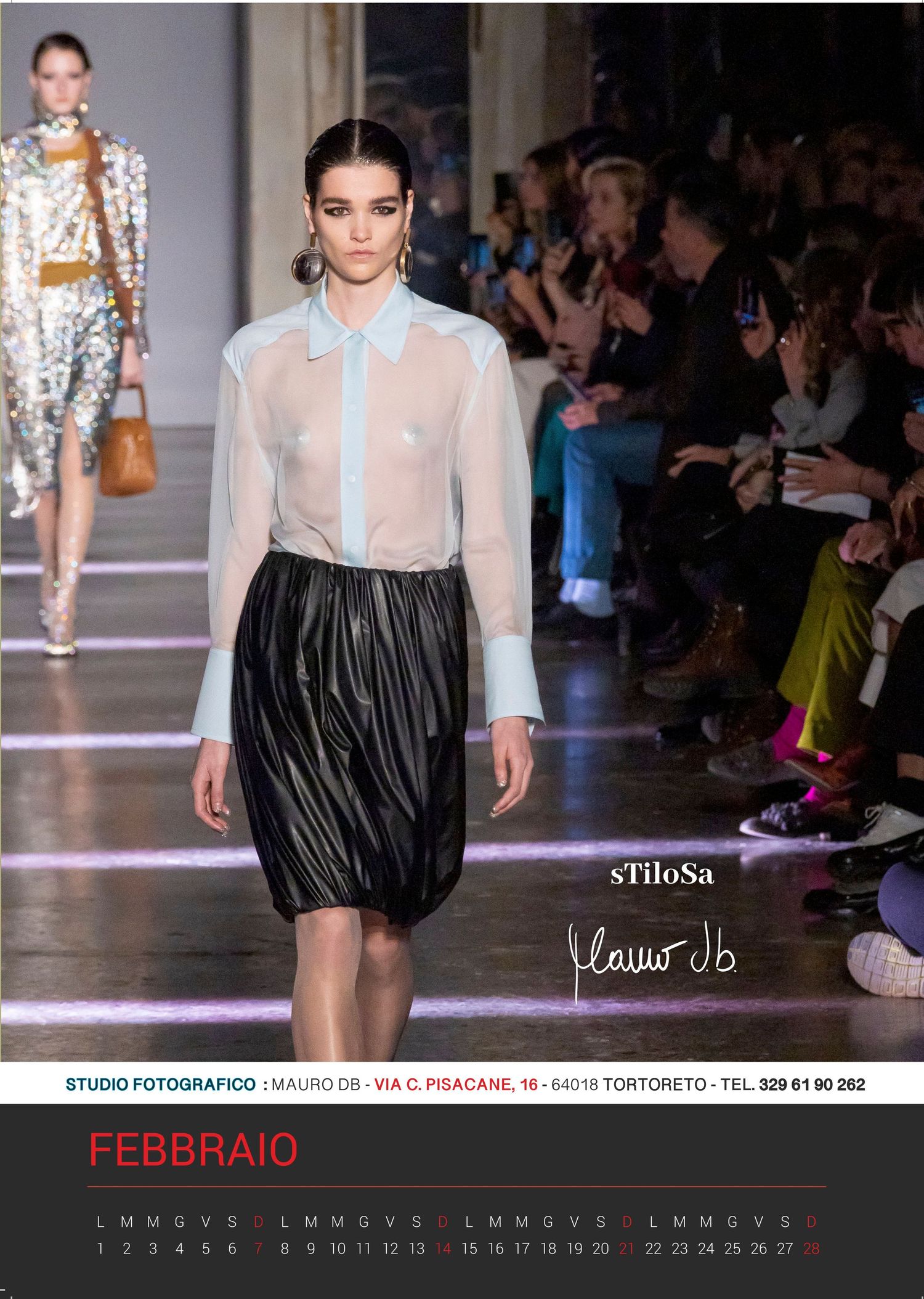 Runway fashion calendar photo featuring sheer blouse and pleated skirt for February.