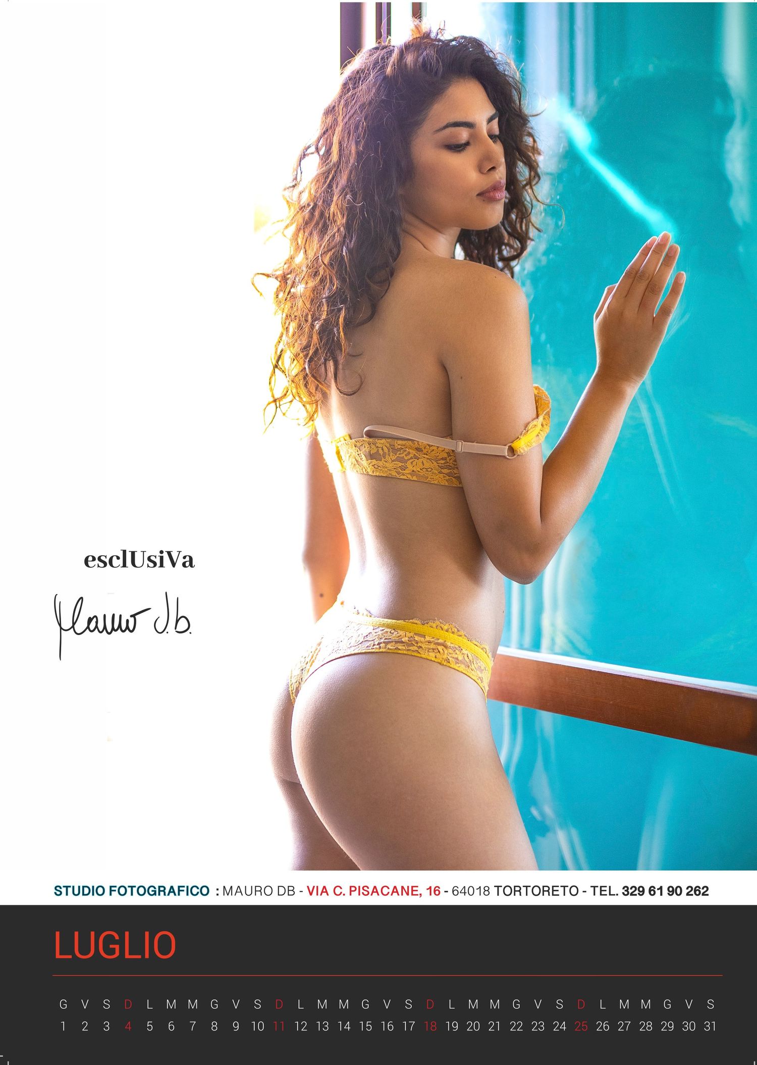 Fashion calendar photo showing yellow swimwear against turquoise background for July.
