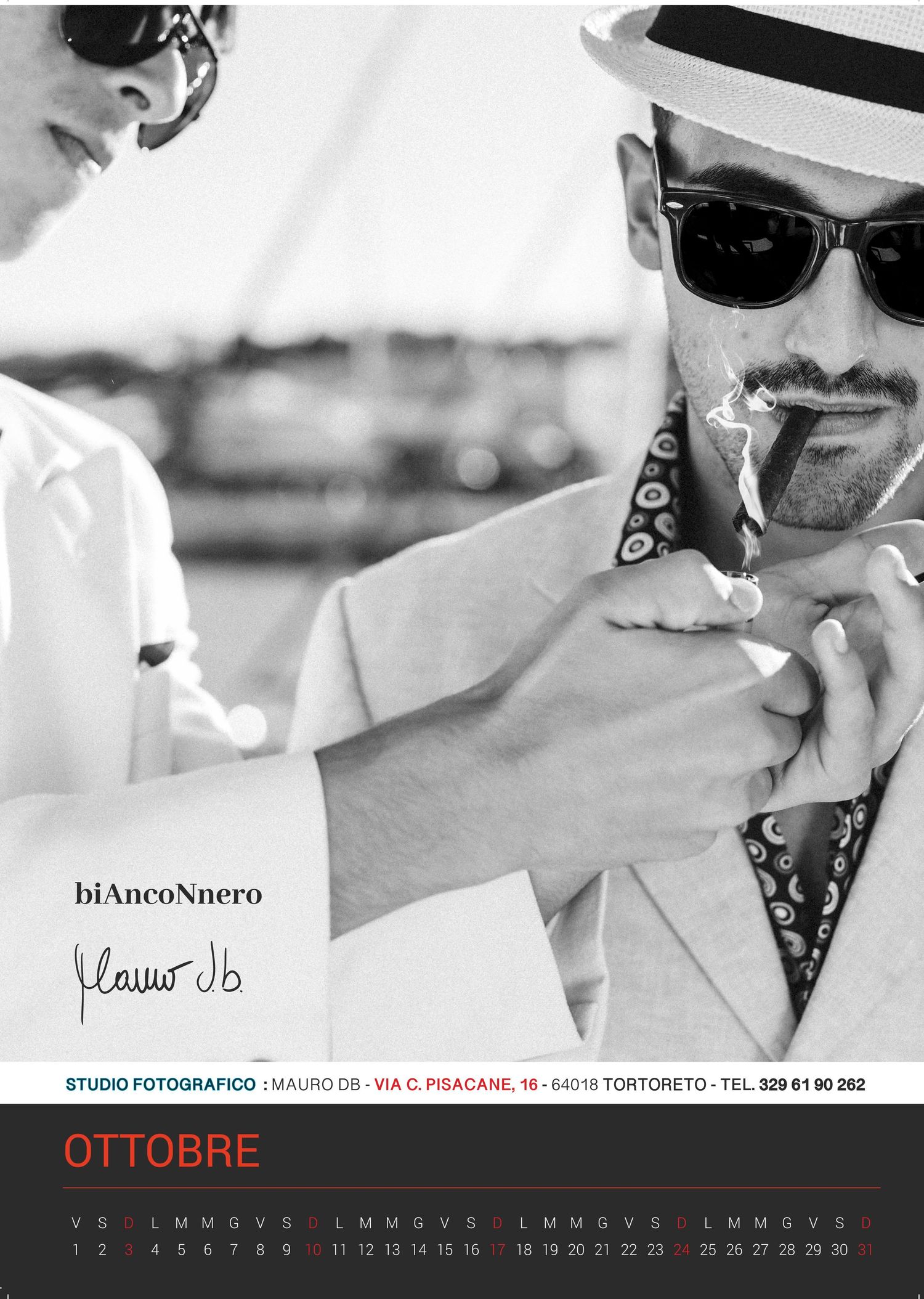 Black and white fashion calendar photo featuring sunglasses and formal attire for October.