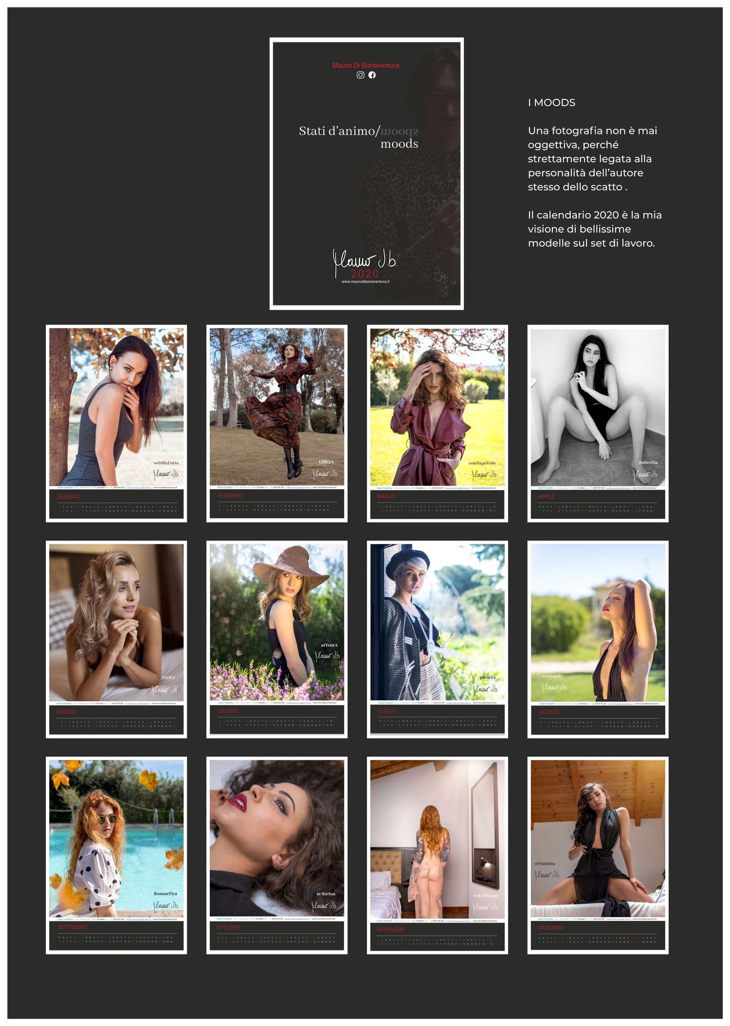 Collection of fashion photography portraits arranged in a grid on a dark background.