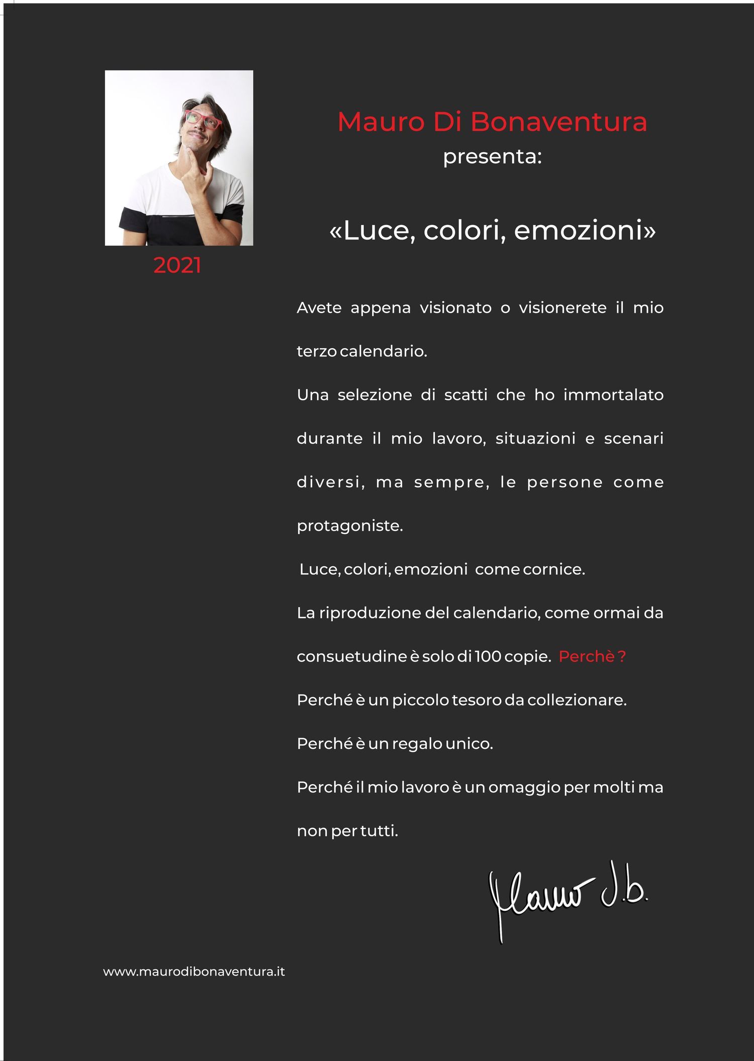 Calendar text page with photography studio details and artistic statement.