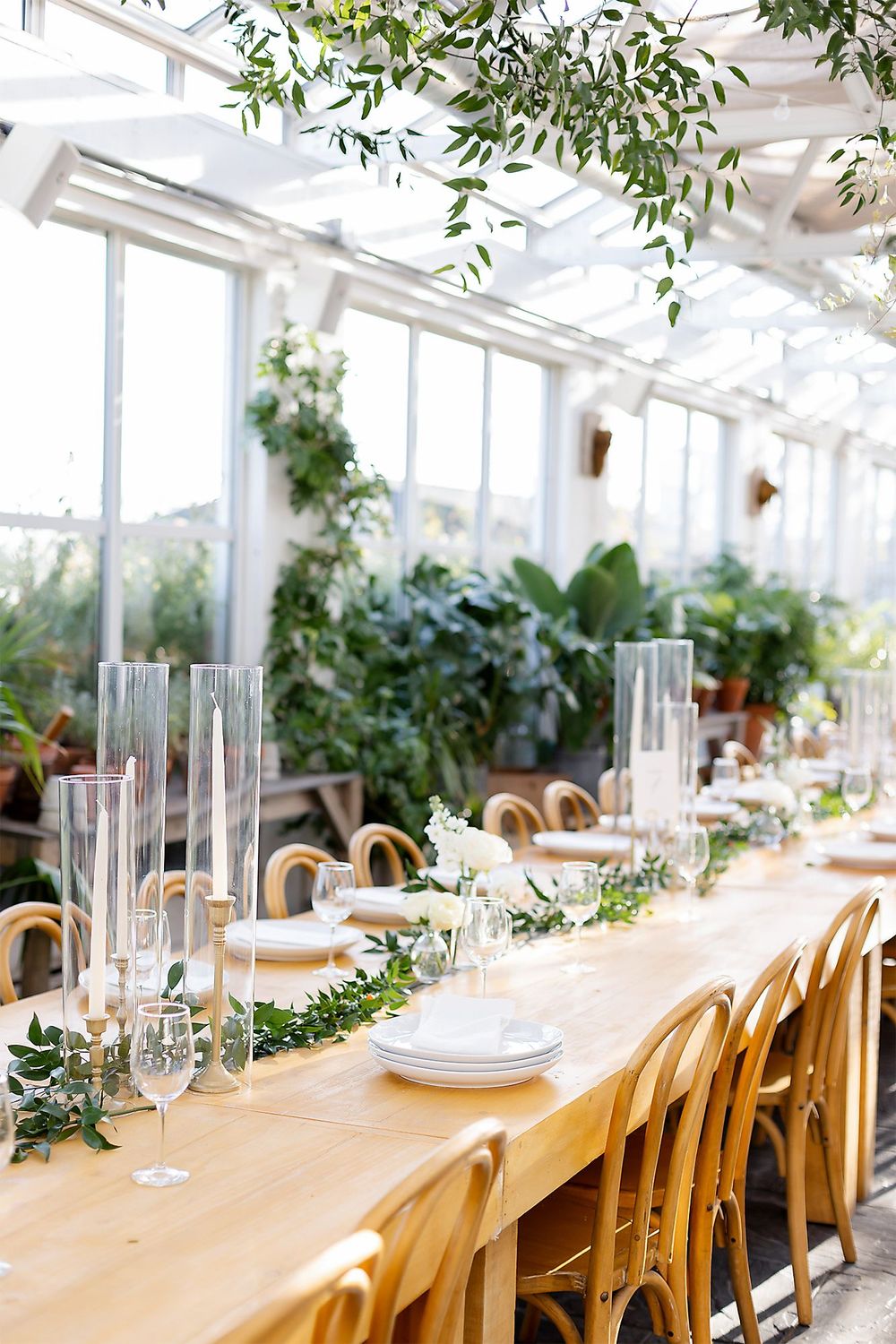 Light-filled greenhouse dining room with long wooden table, bistro chairs and hanging greenery for an elegant wedding reception.