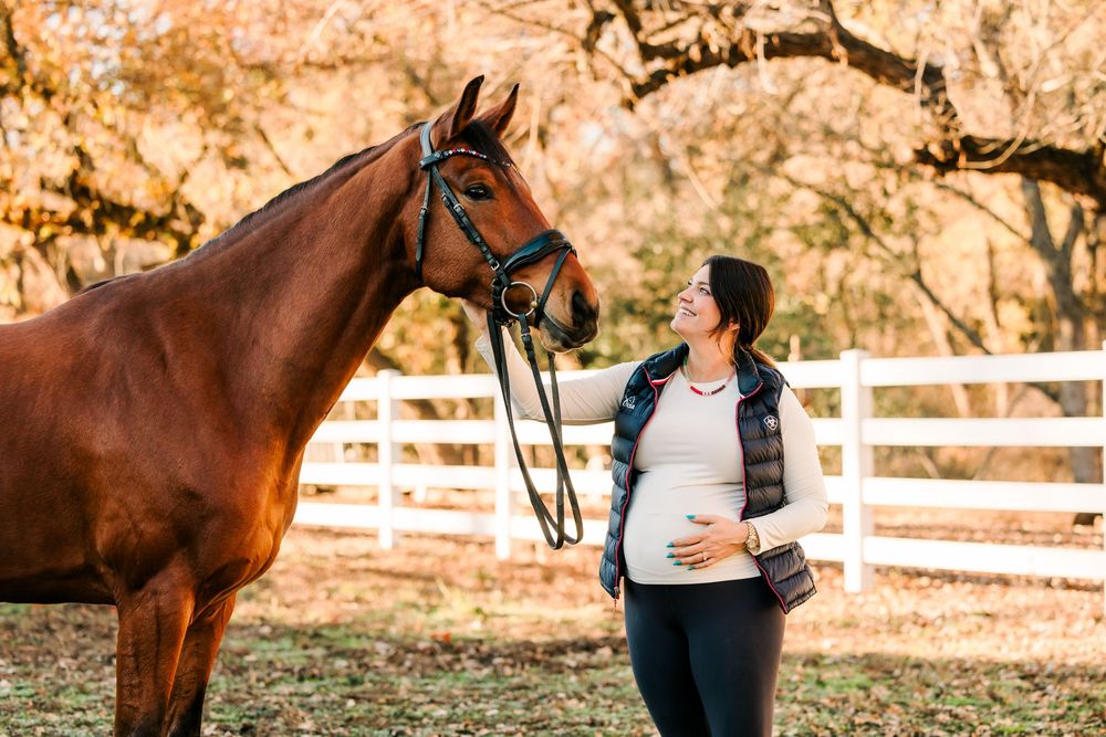 A beautiful bay horse and equestrian share a tender moment in front of white fencing during golden hour.