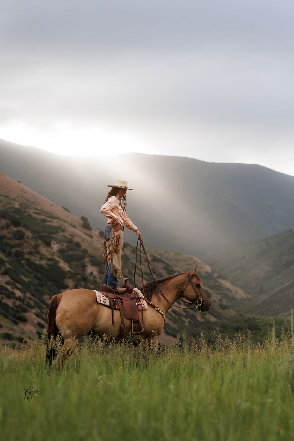 A rider on horseback stands silhouetted against sunlit mountain slopes in tall grass.