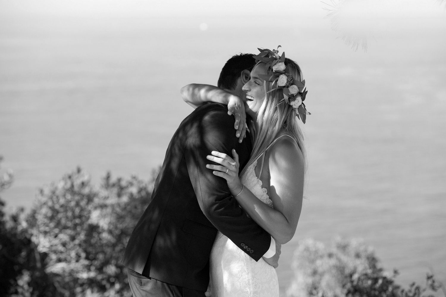A black and white collage of romantic wedding dance moments at an outdoor celebration.