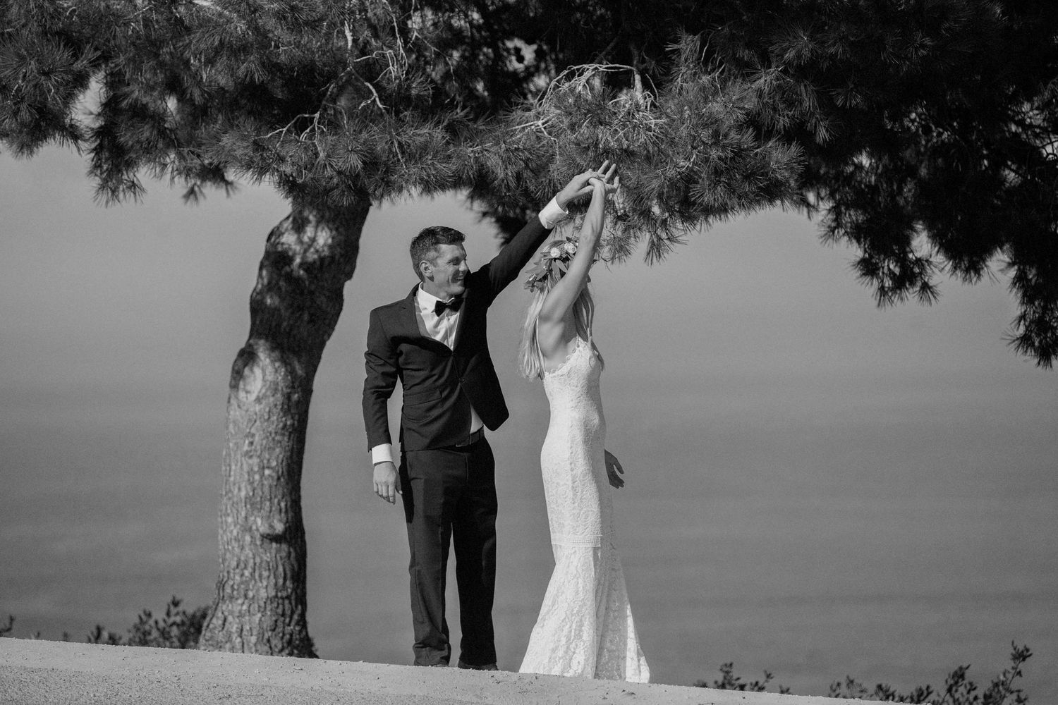 A black and white panorama of a wedding ceremony group posing in front of trees and mountains on a scenic overlook.