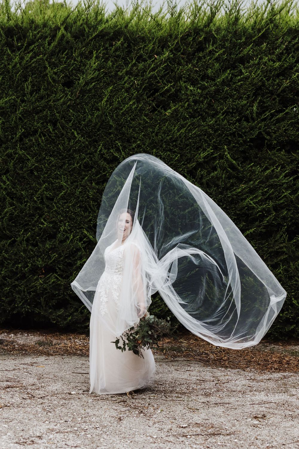 Elegant white wedding dress and flowing veil captured against lush green hedge background.