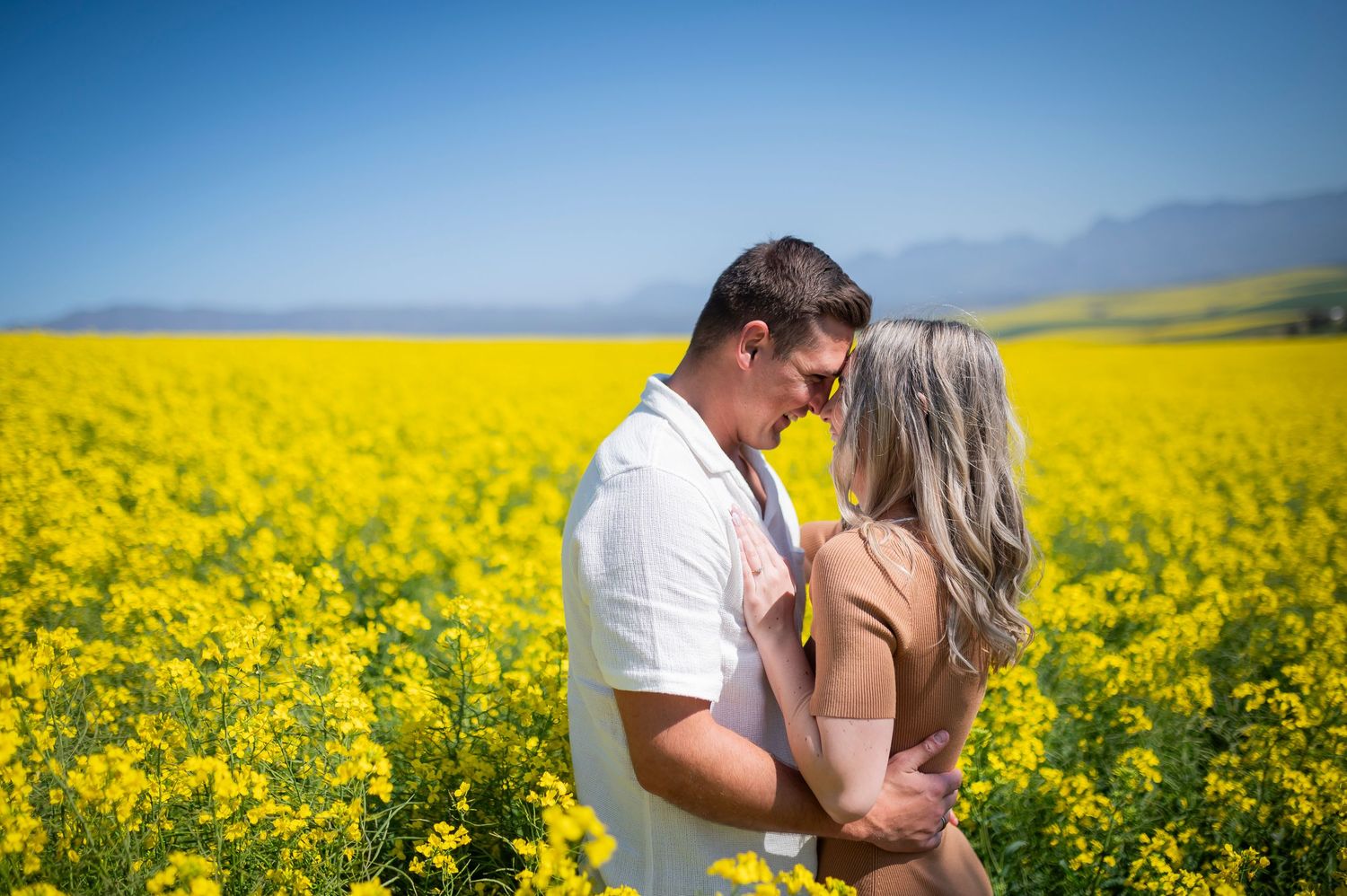 A romantic couple embraces in a vibrant yellow canola field under bright blue summer skies.