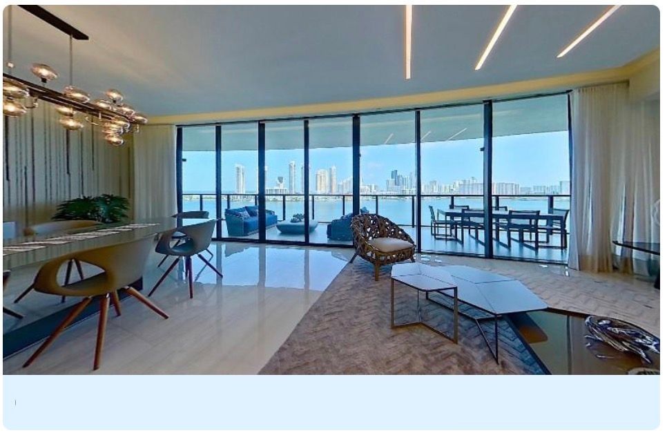Interactive 3D home virtual tour interface shows multiple connected rooms and floor plan views in a modern property.