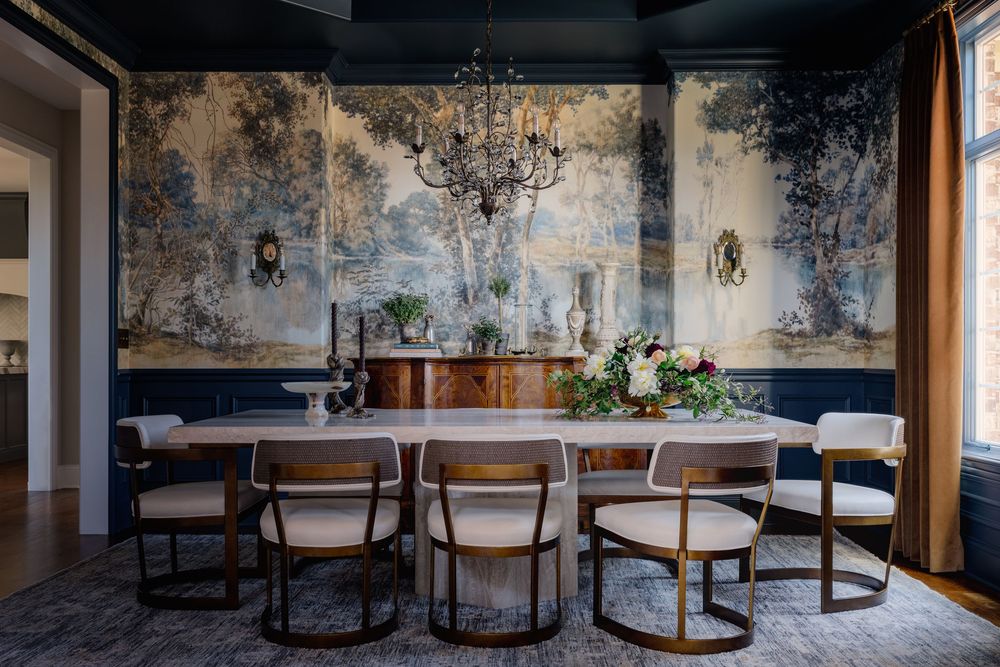 french inspired dining room in Frankfort with mural wallpaper and antique decor by Renee Price Interiors