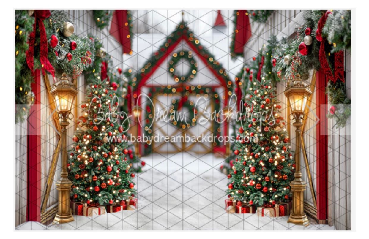 Holiday scene with decorated Christmas trees and glowing lanterns framing a decorated entrance.