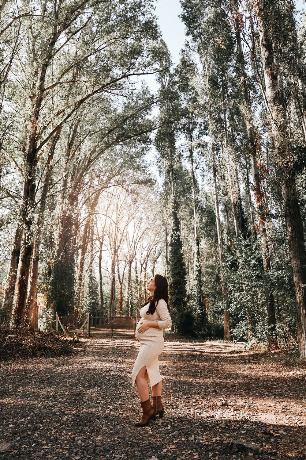 A woman in a white dress poses on a sunlit forest path surrounded by tall eucalyptus trees.
