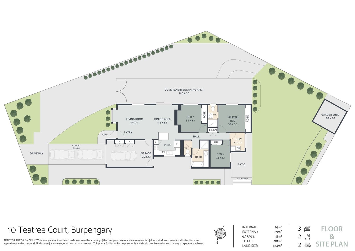 Floor plan in Burpengary, showing a 3-bedroom, 2-bathroom home with site layout.