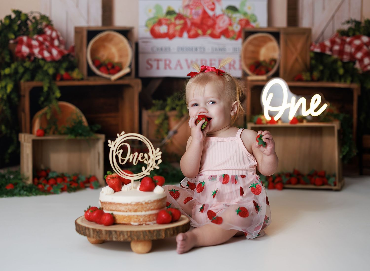 1 year old milestone strawberry themed cake smash photo session