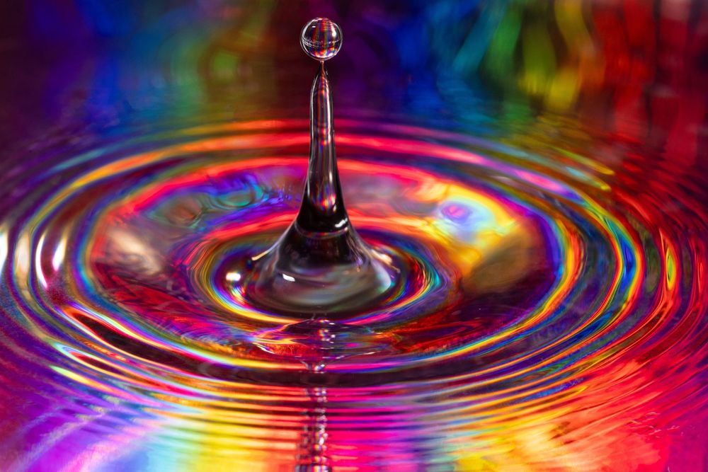 Series of water drops creating concentric ripples with prismatic color effects on a dark surface.