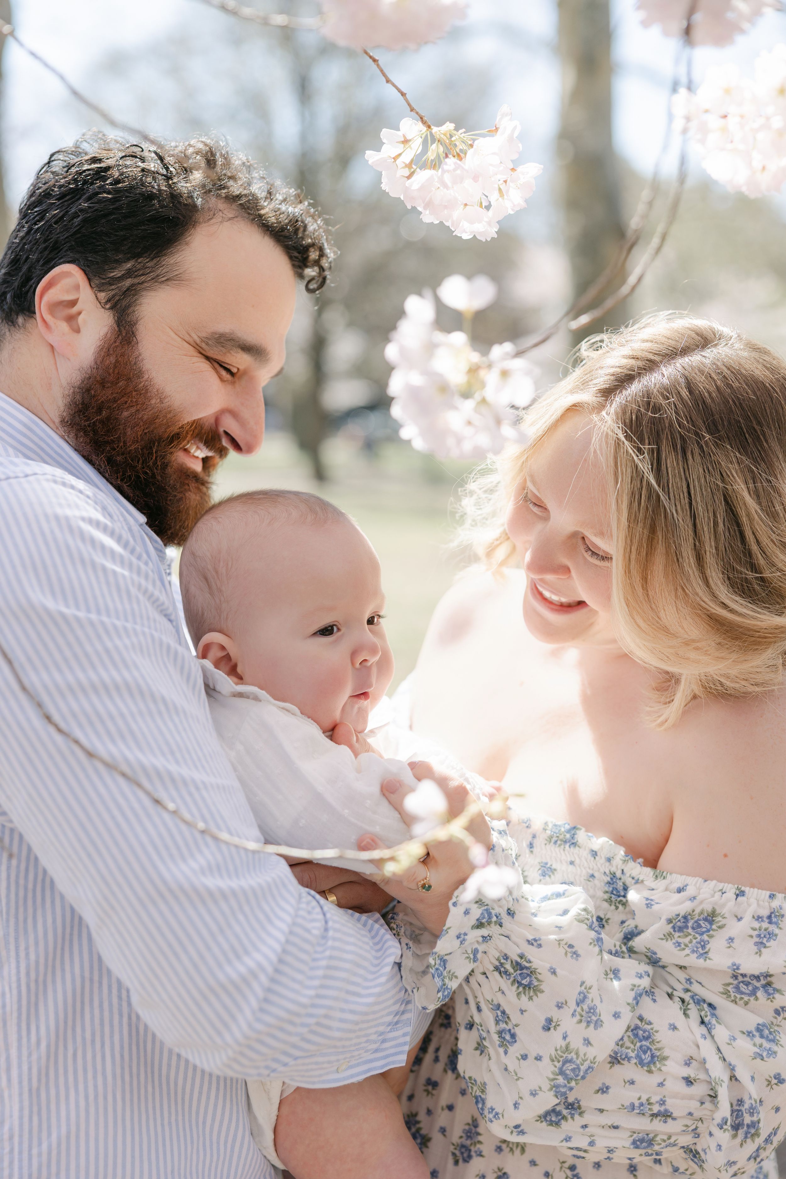 A tender family moment captured in a series of soft, sunlit photos showing parents bonding with their baby outdoors.