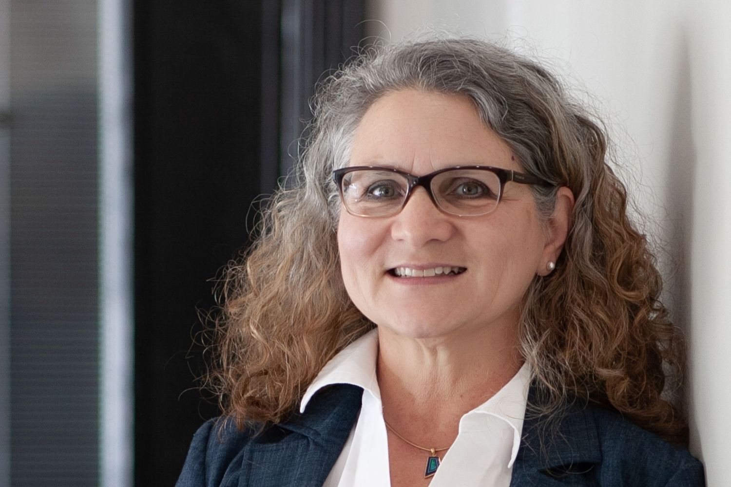 Professional headshot of mature woman with curly gray hair wearing glasses and blue denim jacket.