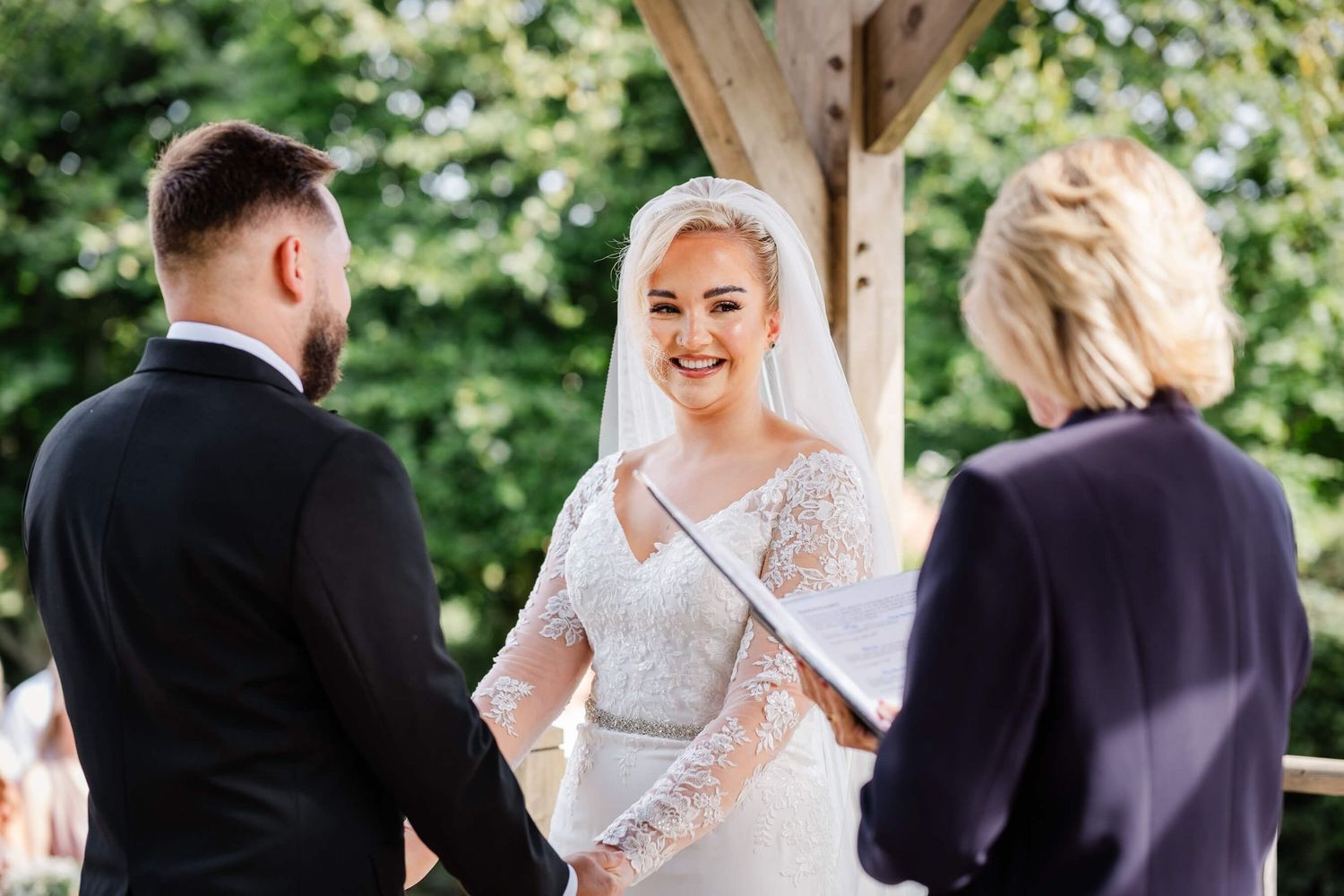 bride smiling at reach court farm