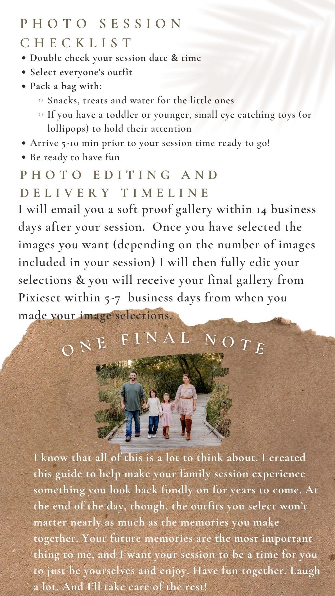 Family photo session checklist and editing timeline guide with a family portrait and final note for clients.