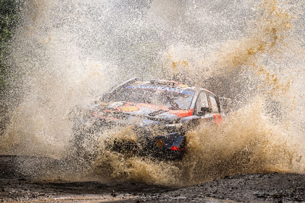 Rally car kicks up dirt and dust while racing through a challenging off-road course in dramatic action sequence.