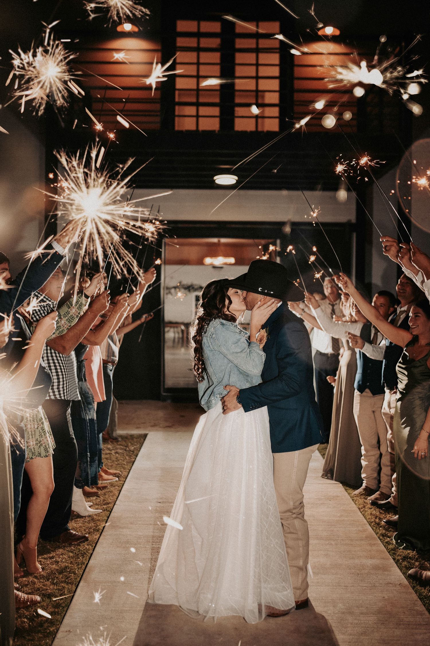 Bride and groom sparkler send off at The Barn at Paradise Texas wedding