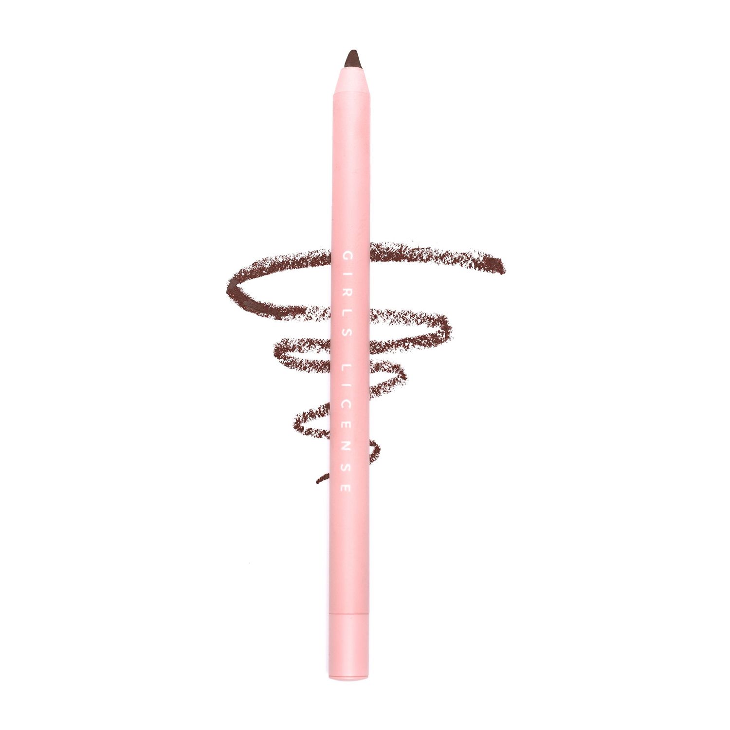 A pink makeup pencil with a decorative spiral swirl pattern made of brown powder around it.