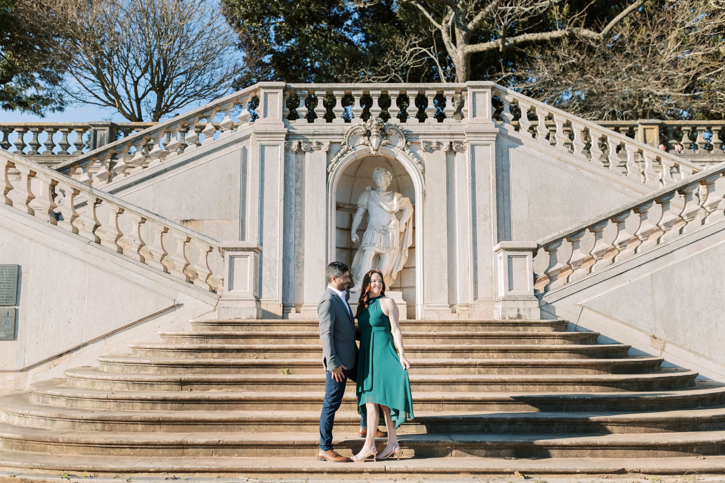 Elegant engagement photos Lisbon botanical garden stairs