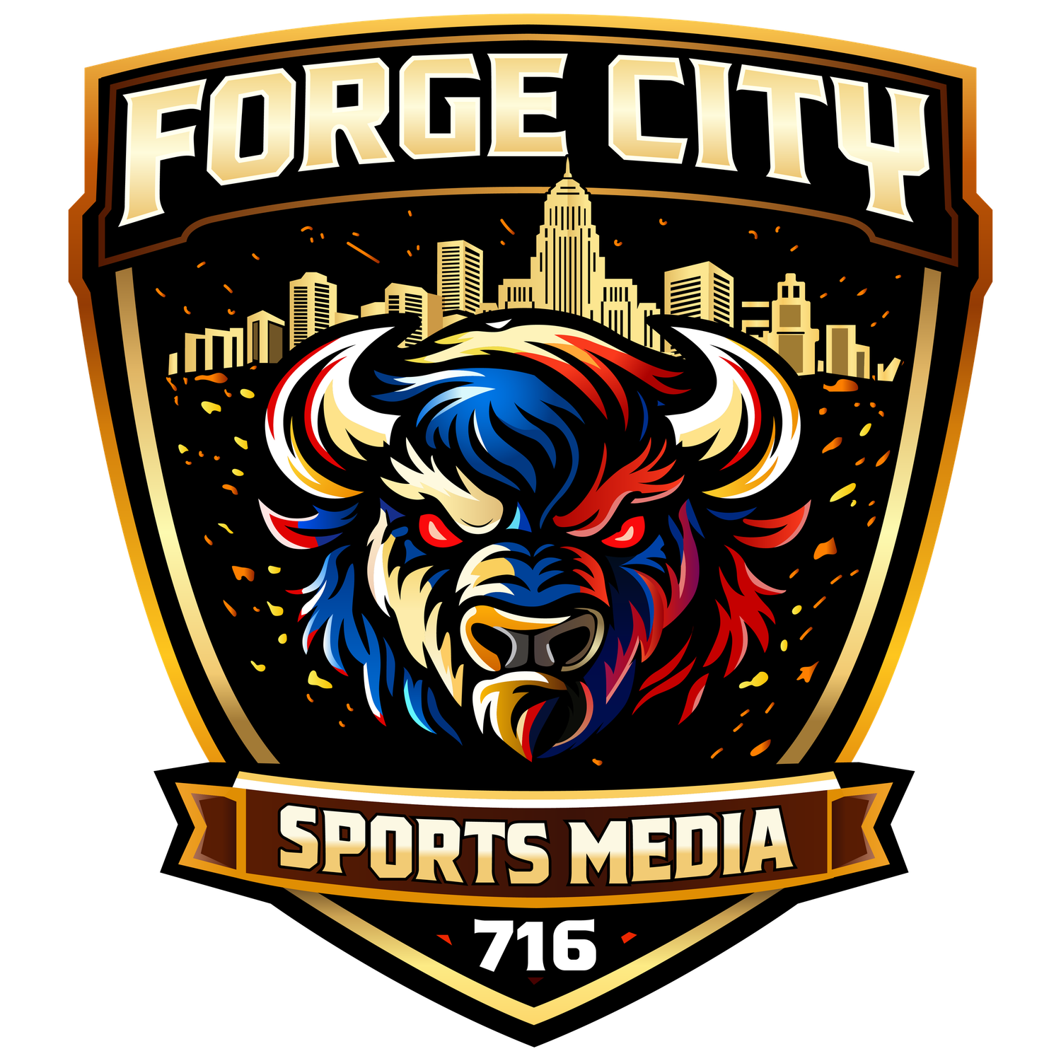 Collection of modern sports media company logos featuring buffalo and bull mascots in gold, black and red color schemes.