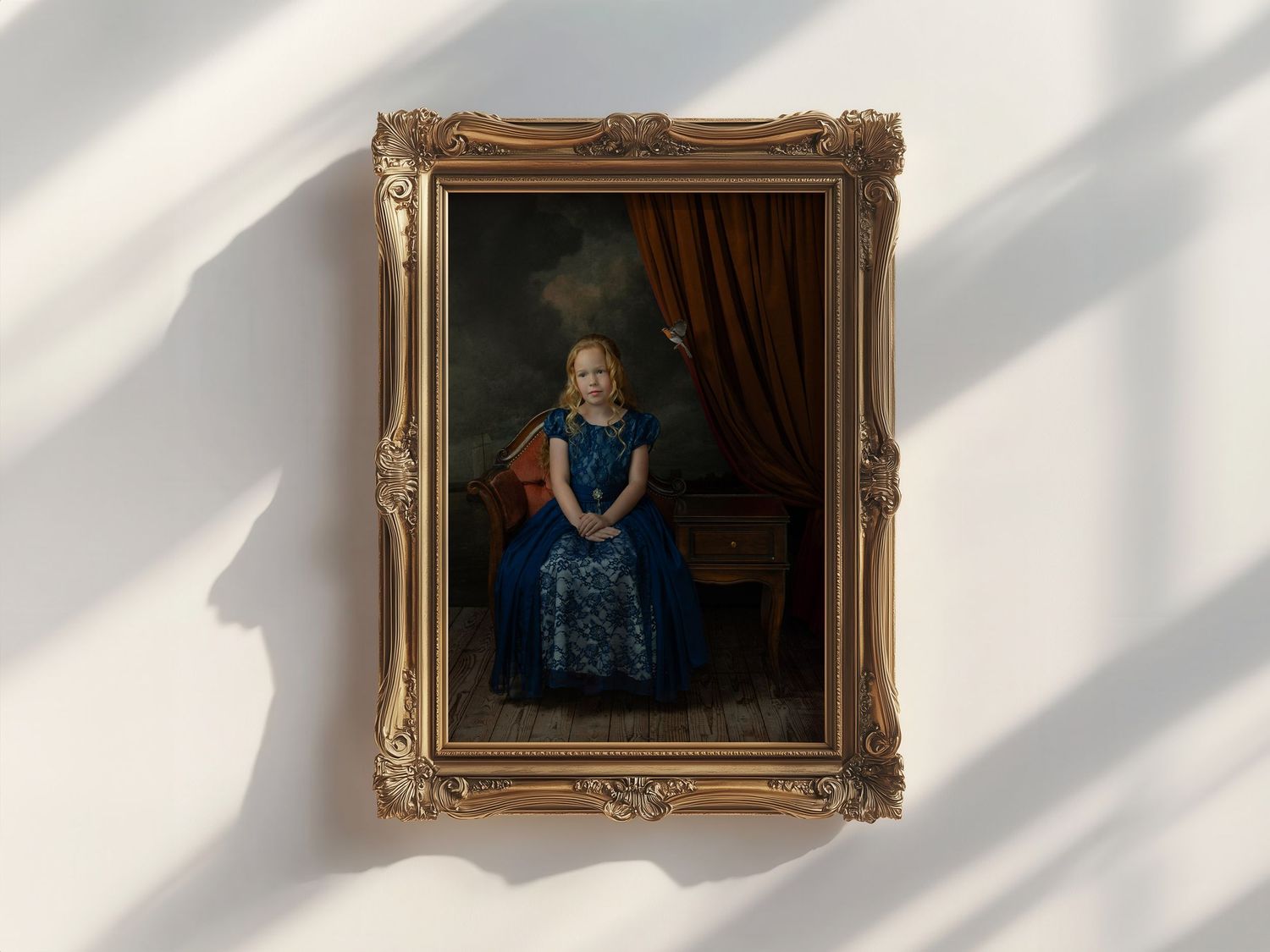 Mock-up van fine art foto van meisje in blauwe jurk zitten op een telefoonbankje voor rood gordijn