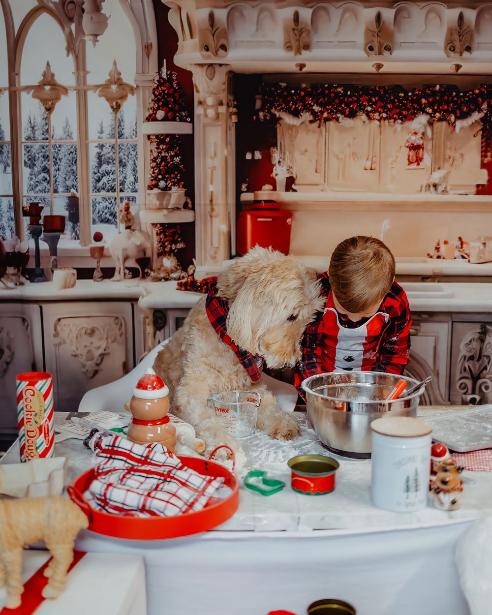 Child and fluffy white dog making Christmas cookies together at festively decorated kitchen counter with holiday decorations.