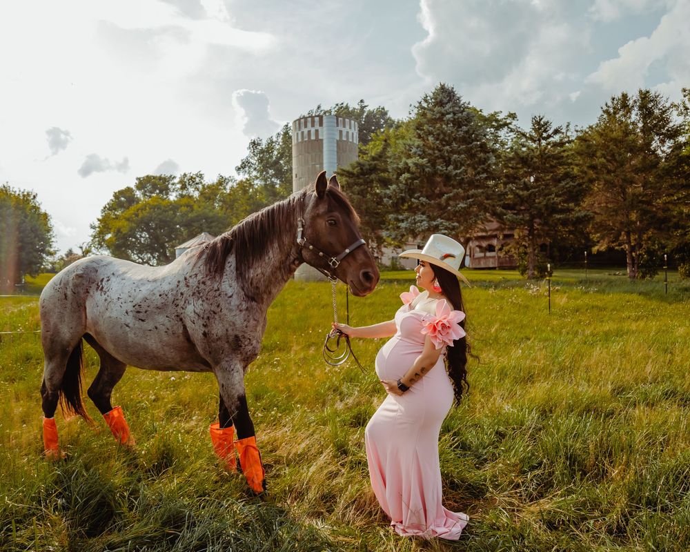 A pregnant woman in a pink dress stands with a gray horse wearing orange leg wraps in a sunlit meadow near trees.