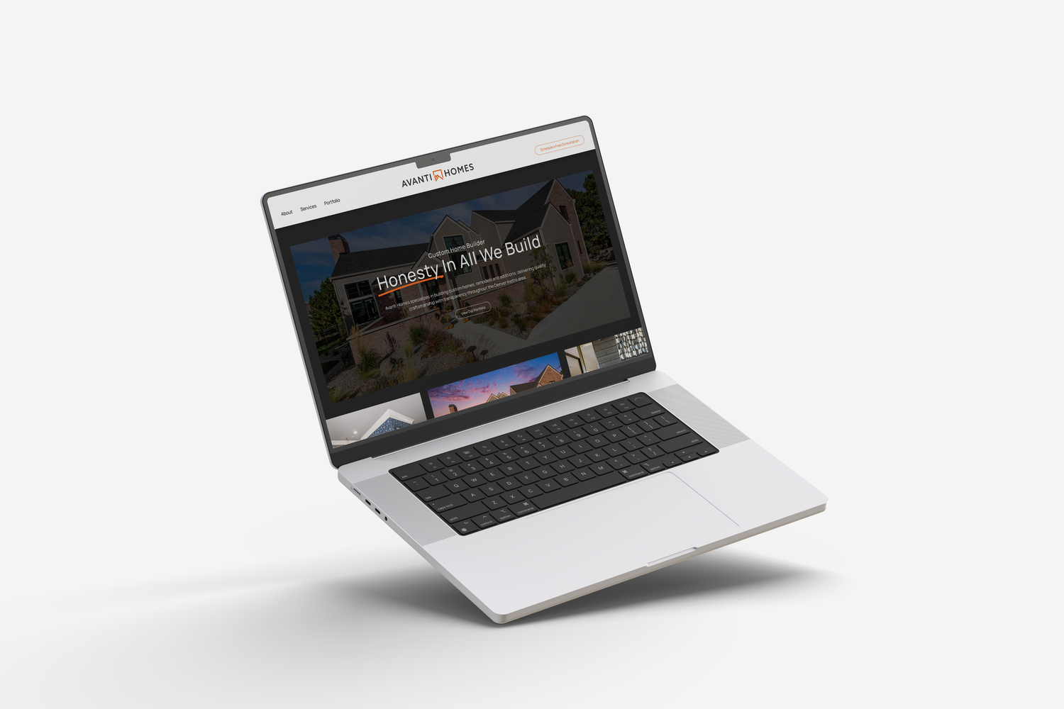 A white laptop with the Avanti Custom Homes website mockup displayed on its screen floats against a light gray background.
