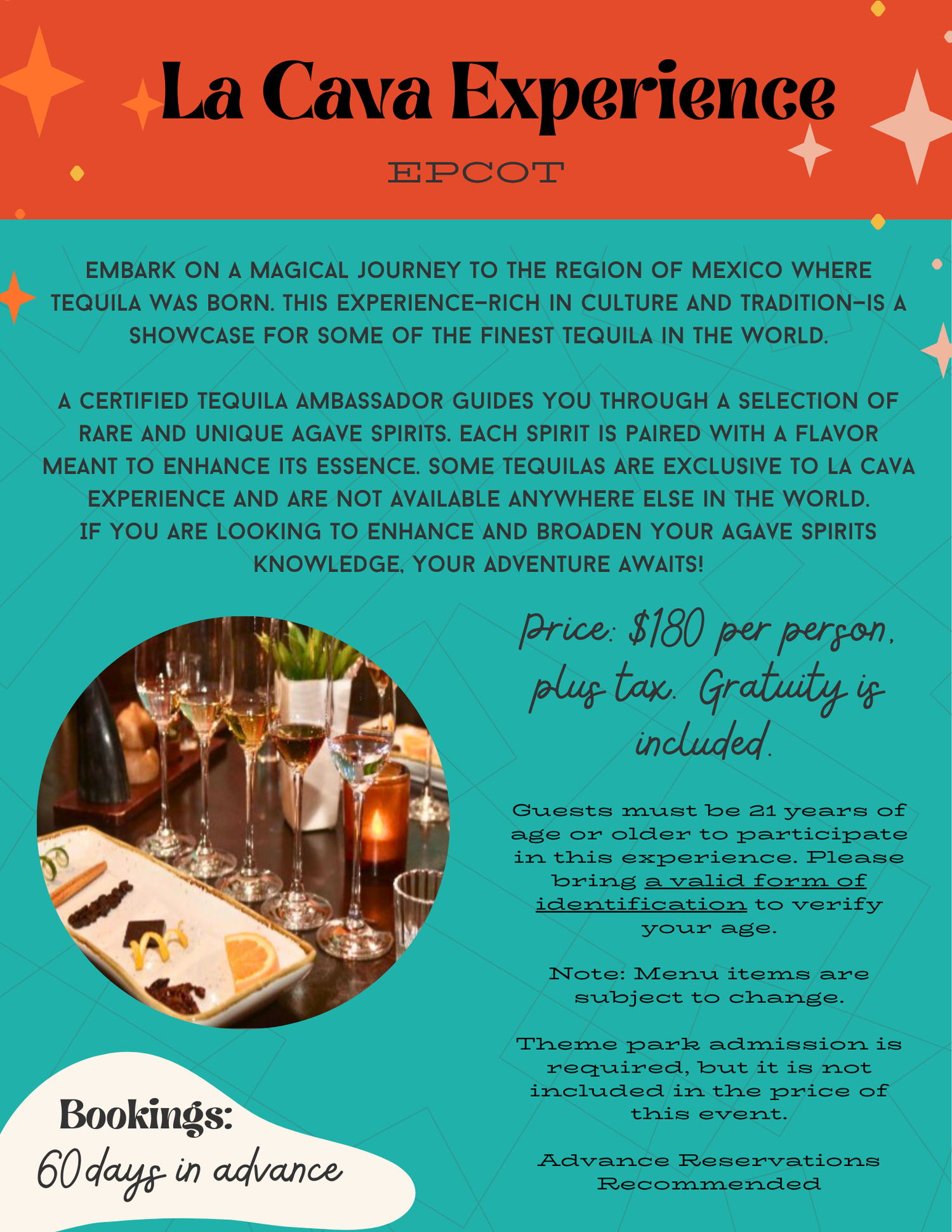 Marketing flyer for La Cava Experience tequila tasting event at EPCOT featuring drink presentation photos.