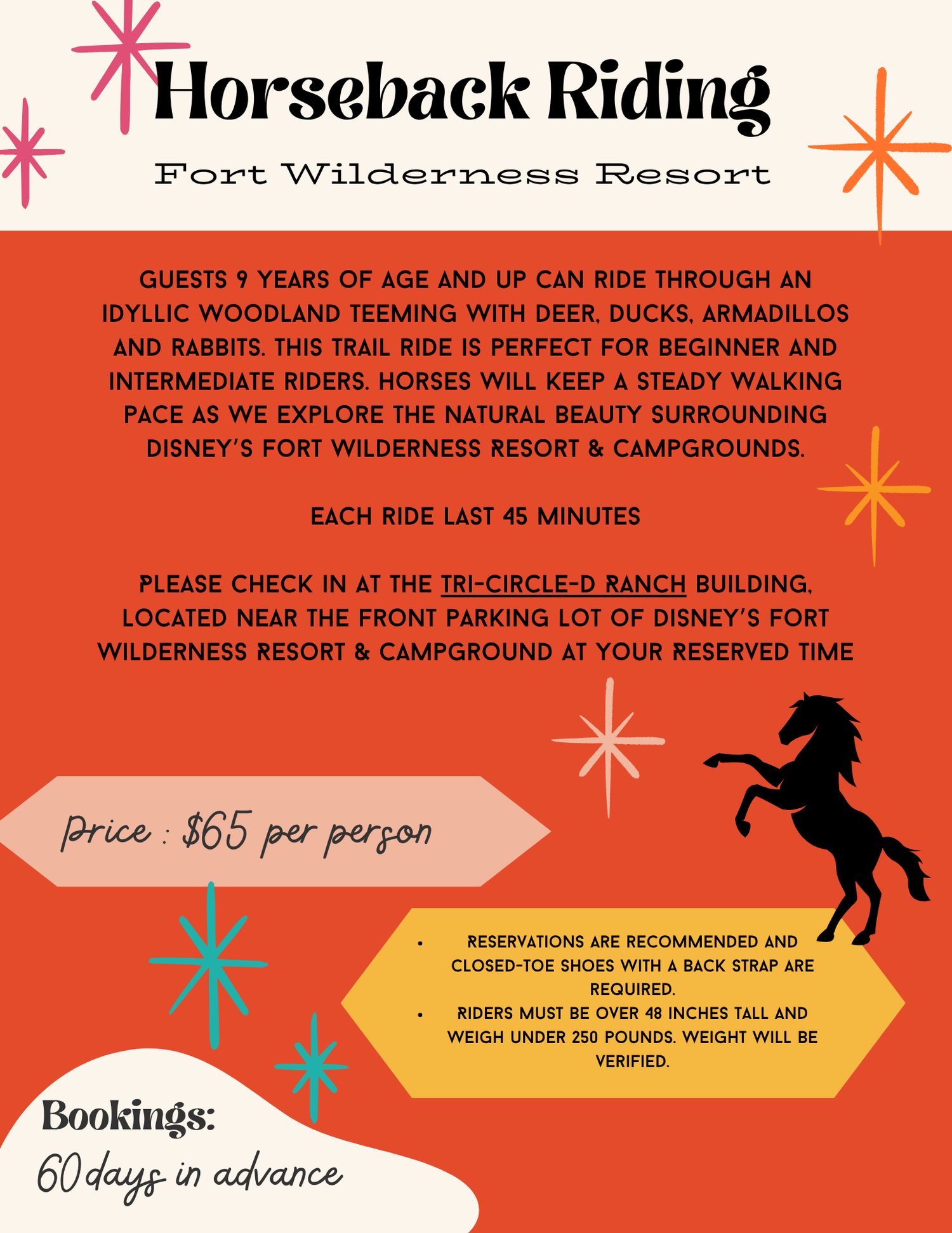 Red promotional banner for horseback riding featuring silhouette of horse and rider with booking information.
