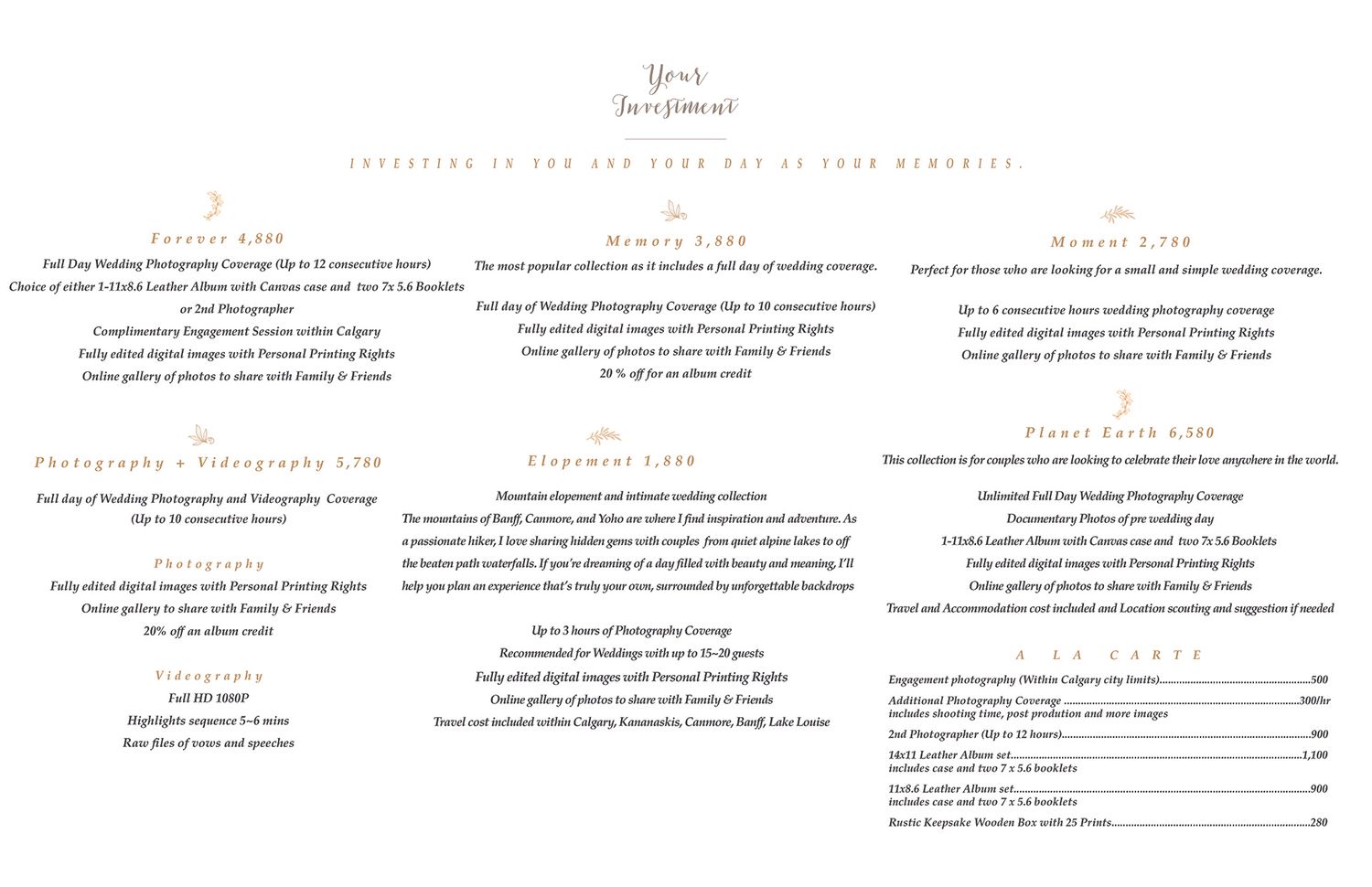 Calgary Wedding Photographer Price List and Collections.