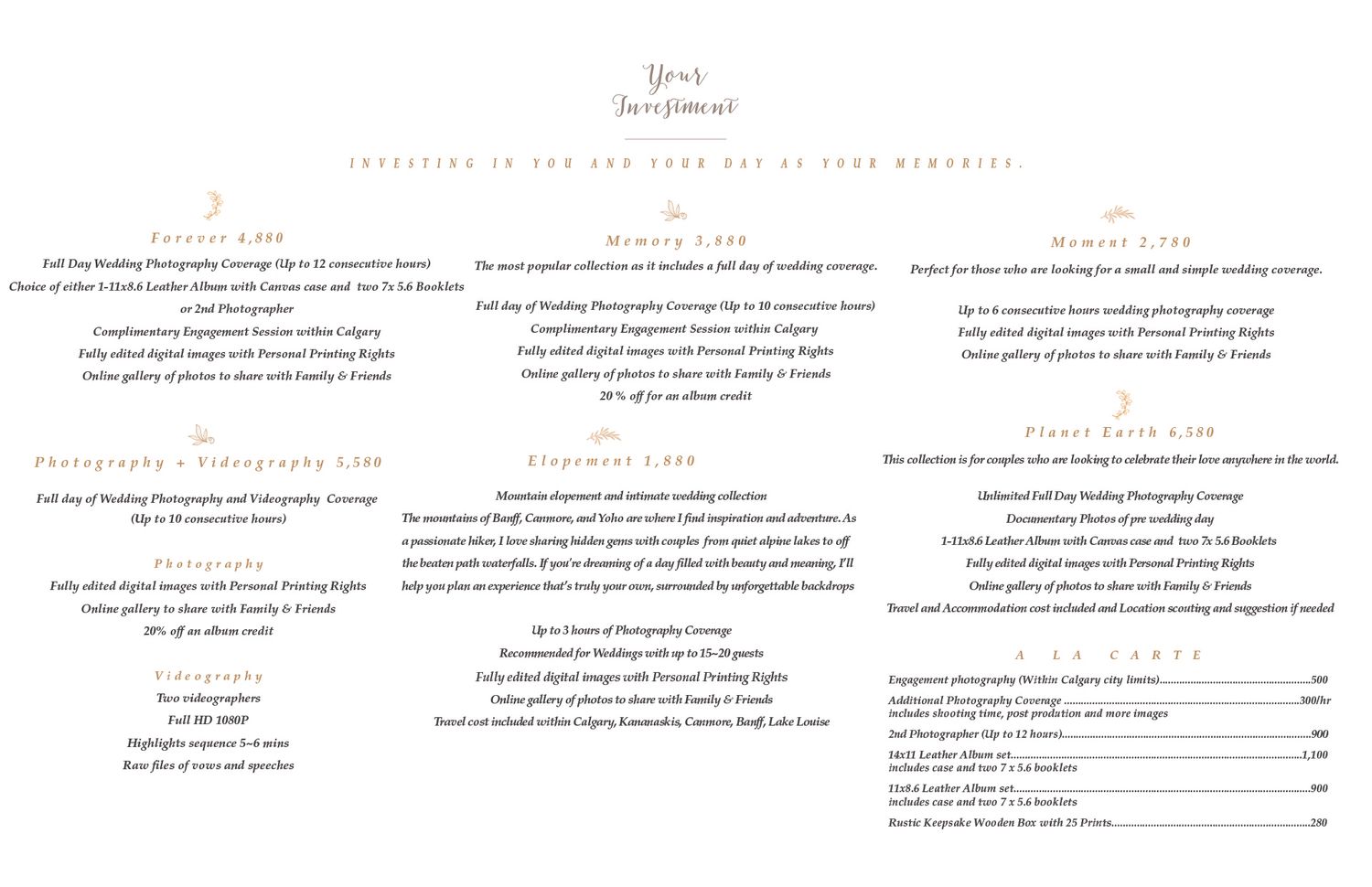 Calgary Wedding Photographer Price List and Collections.