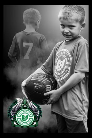 Black and white sports photo of youth players with green soccer club logo overlaid at bottom.