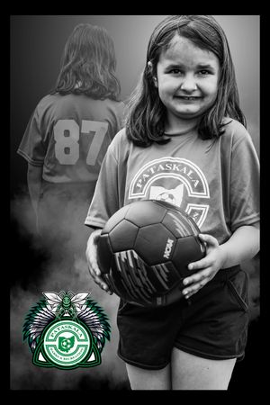 Black and white photo series showing a sports team logo and holding a football in various poses with selective color highlights.