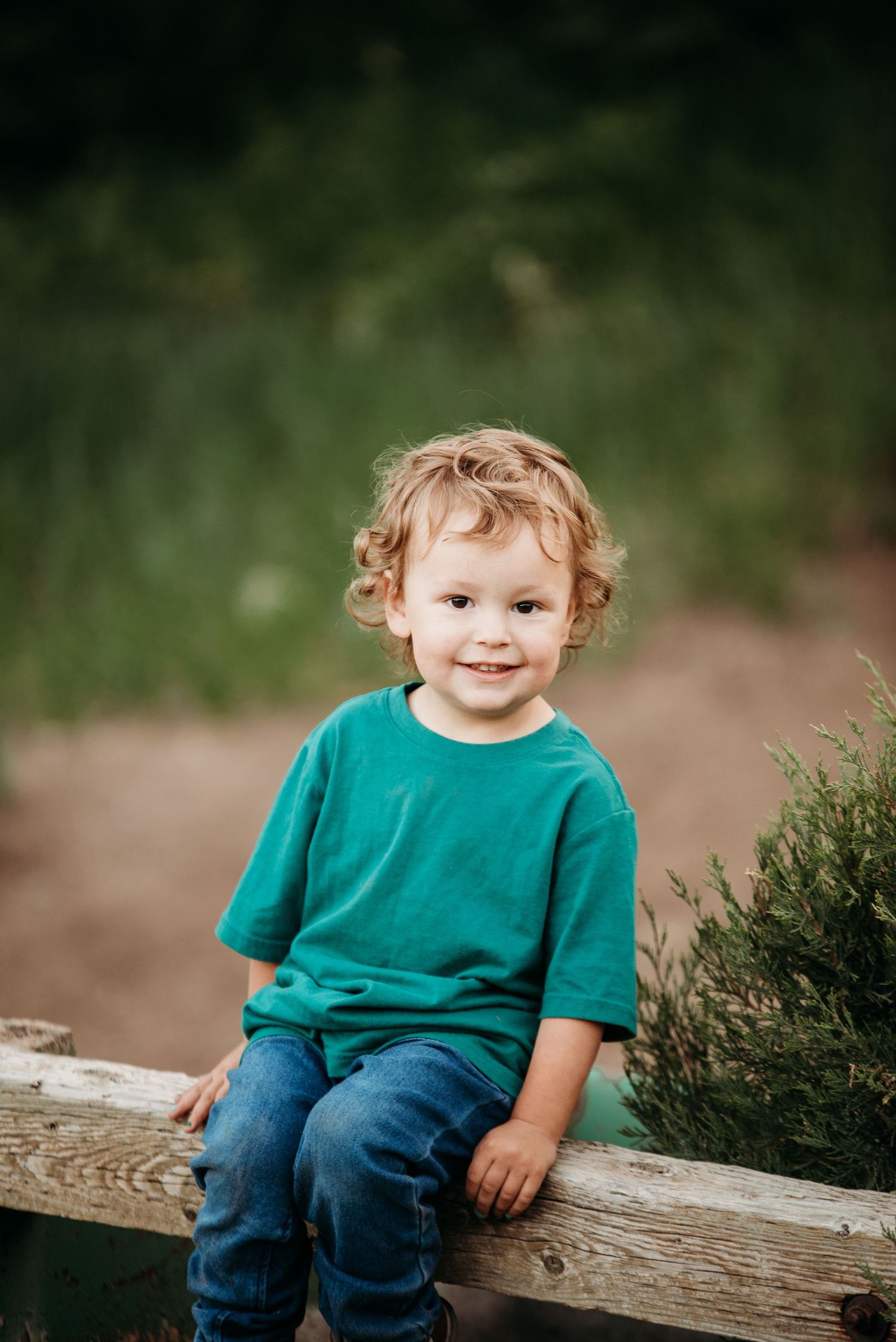 Outdoor portrait of a person in a brown tied blouse against an evergreen tree backdrop.