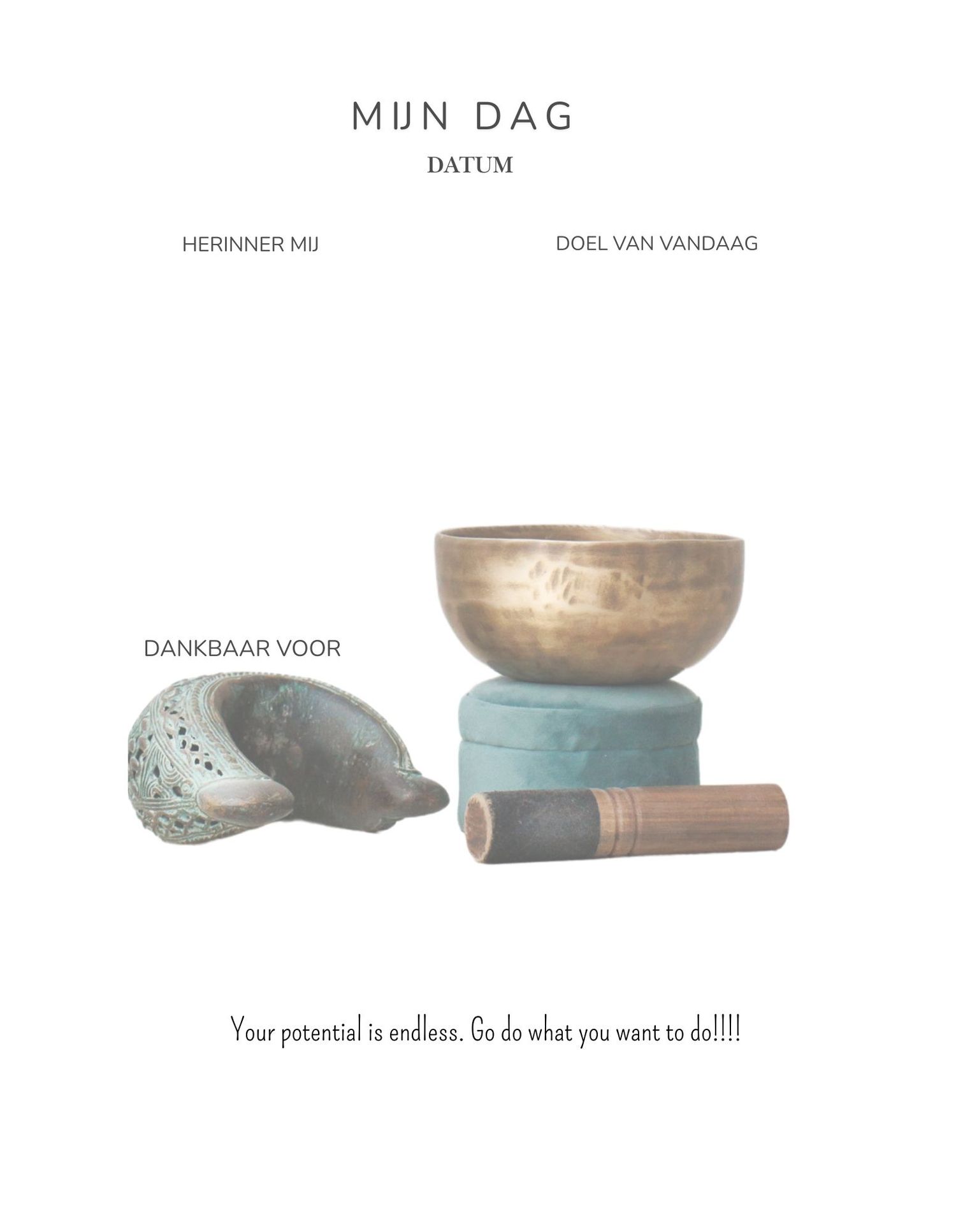 Two meditation bowls, a book, and a decorative shell arranged with a spirituality planner page header in Dutch.