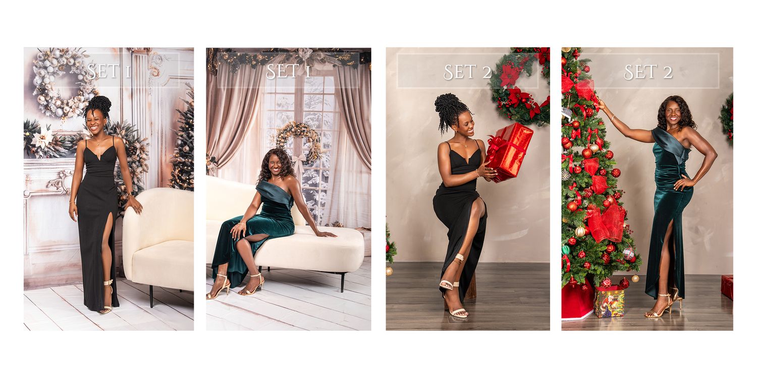 Woman in elegant red dress poses gracefully against white backdrop in holiday-themed studio photoshoot.