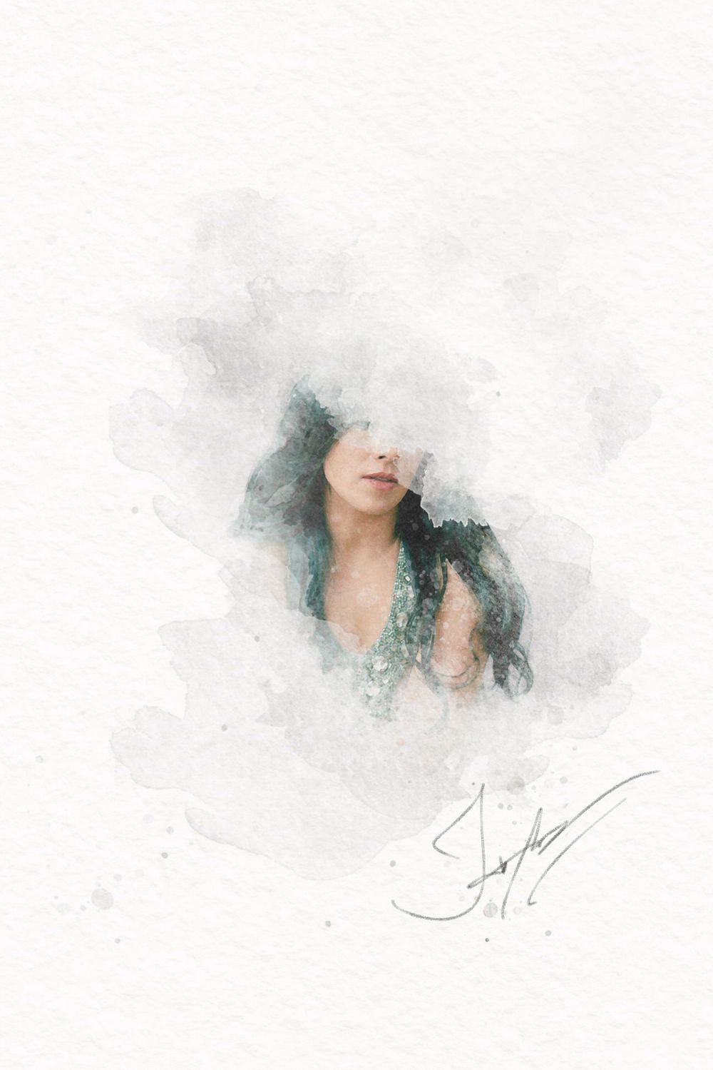 Artistic watercolor portrait sketch showing ethereal fading effect against white background.
