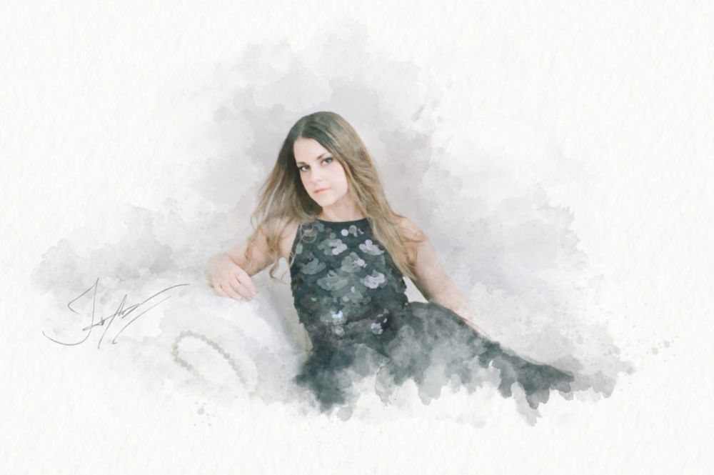 A person in a black outfit poses in multiple artistic double exposure shots against a white background.