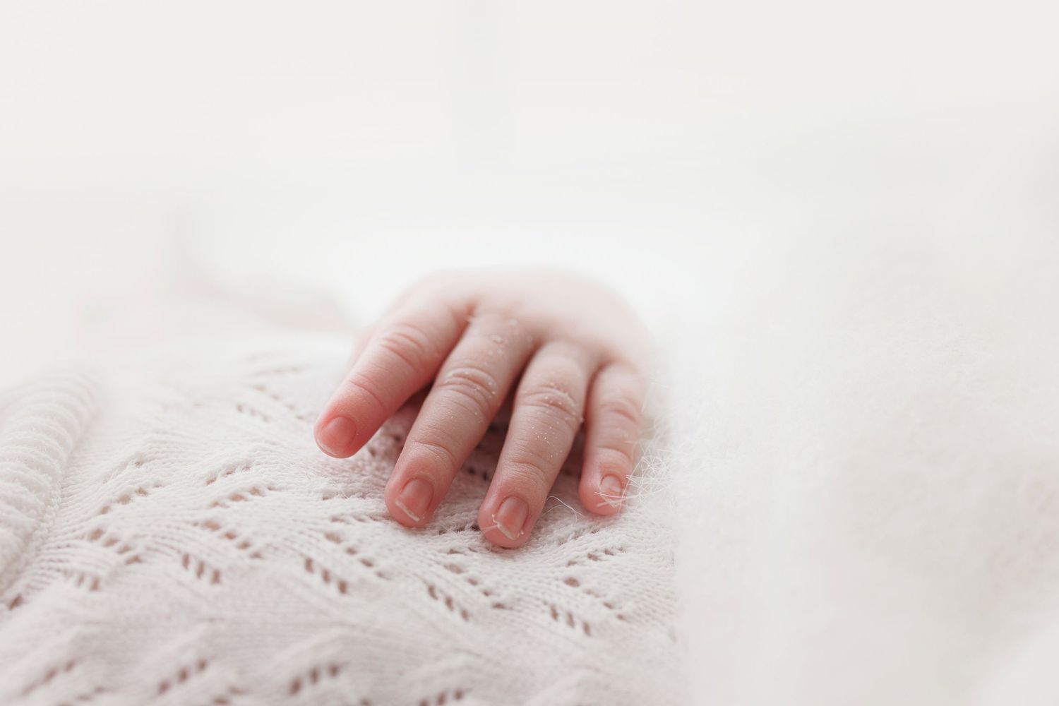 A close-up view of hands delicately handling white lace fabric with intricate floral patterns.
