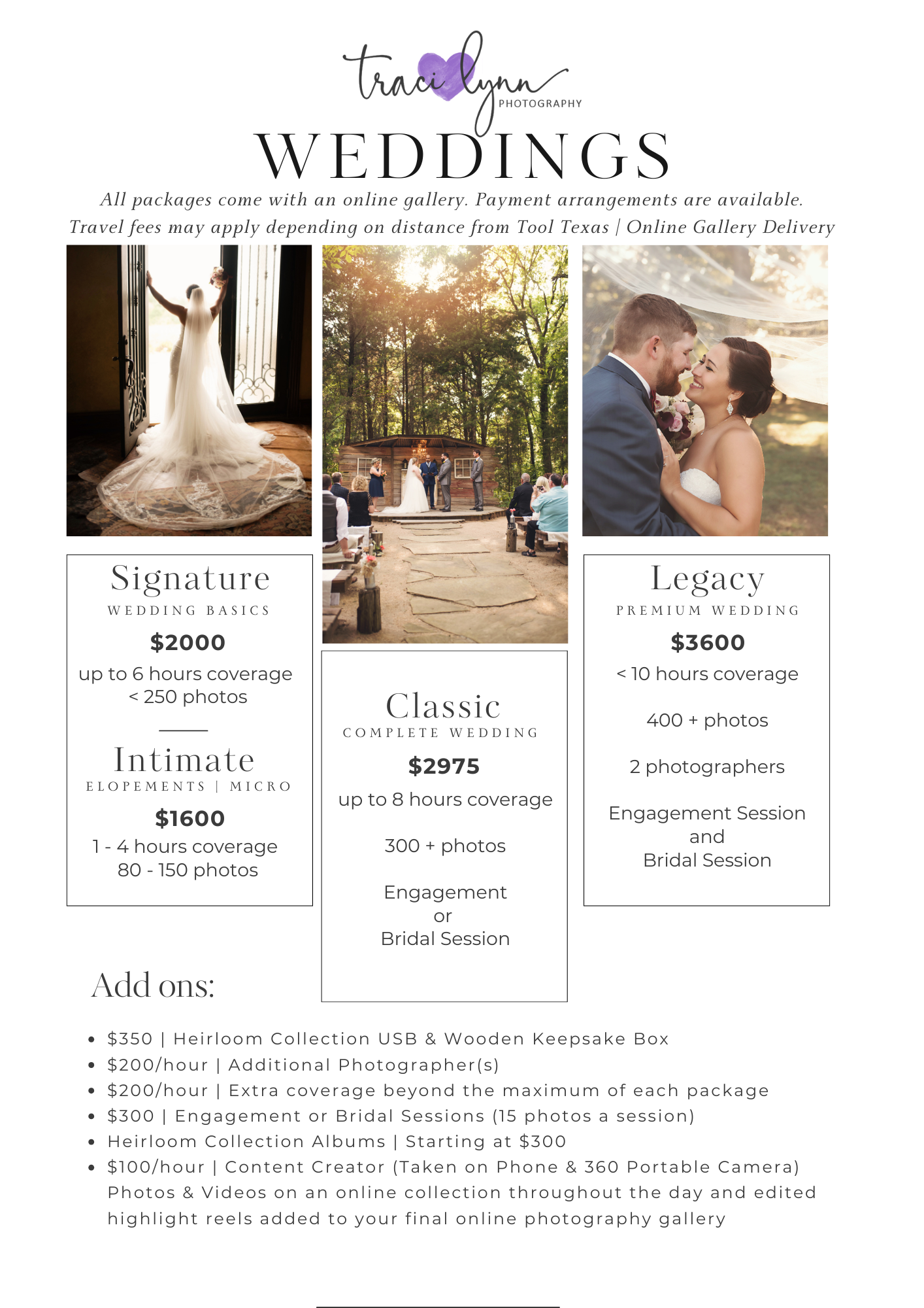 Wedding pricing list for Traci Lynn Photography in Tool Texas Cedar Creek Lake area