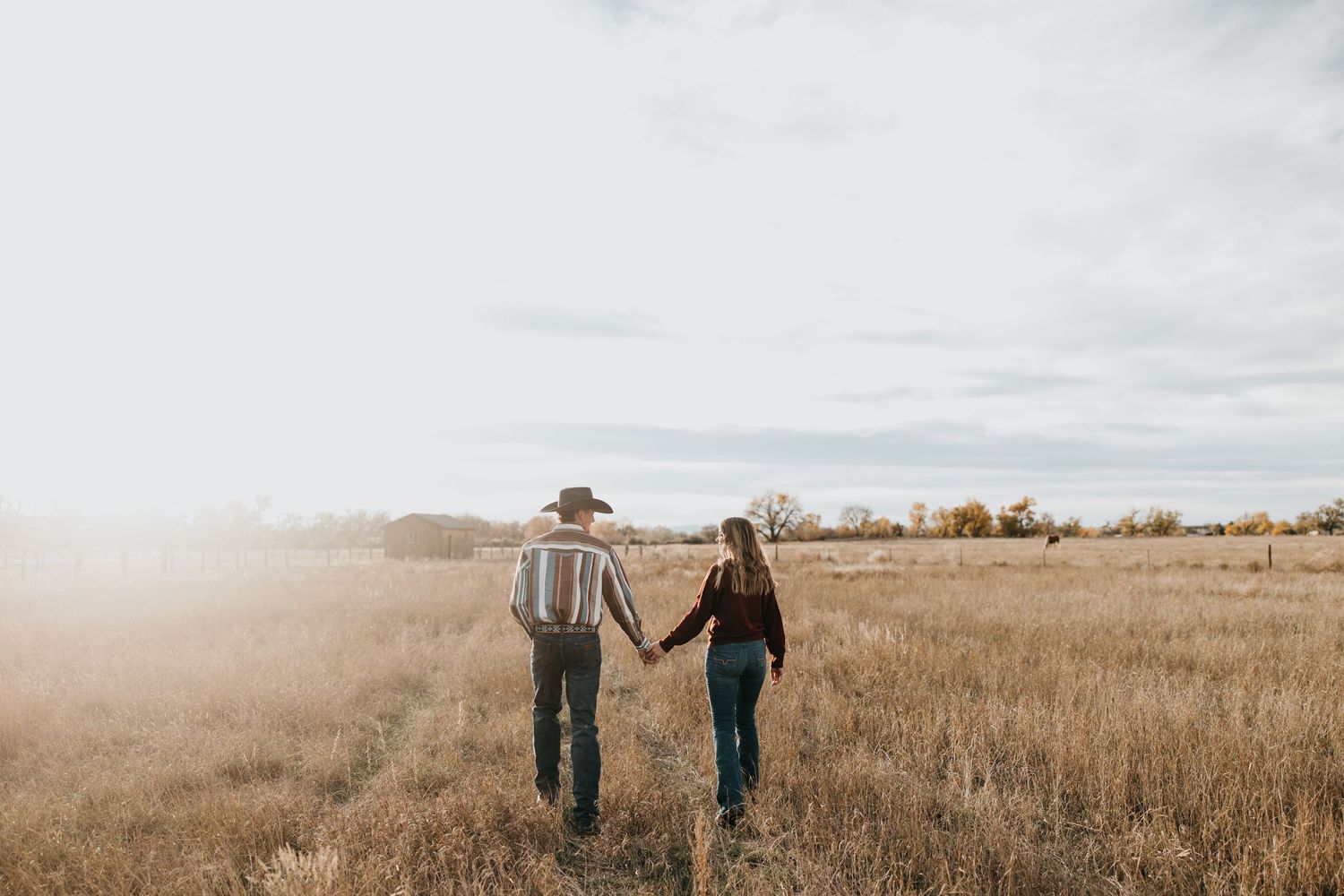 Two people hold hands while walking through a misty golden field at sunset with cloudy skies overhead.