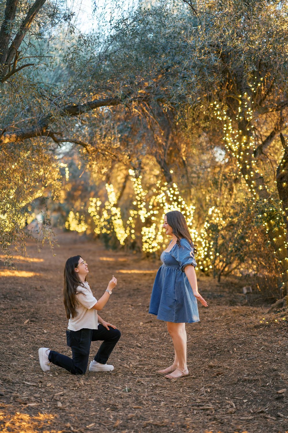 A couple shares a special moment during a sunset proposal in an enchanted forest setting.