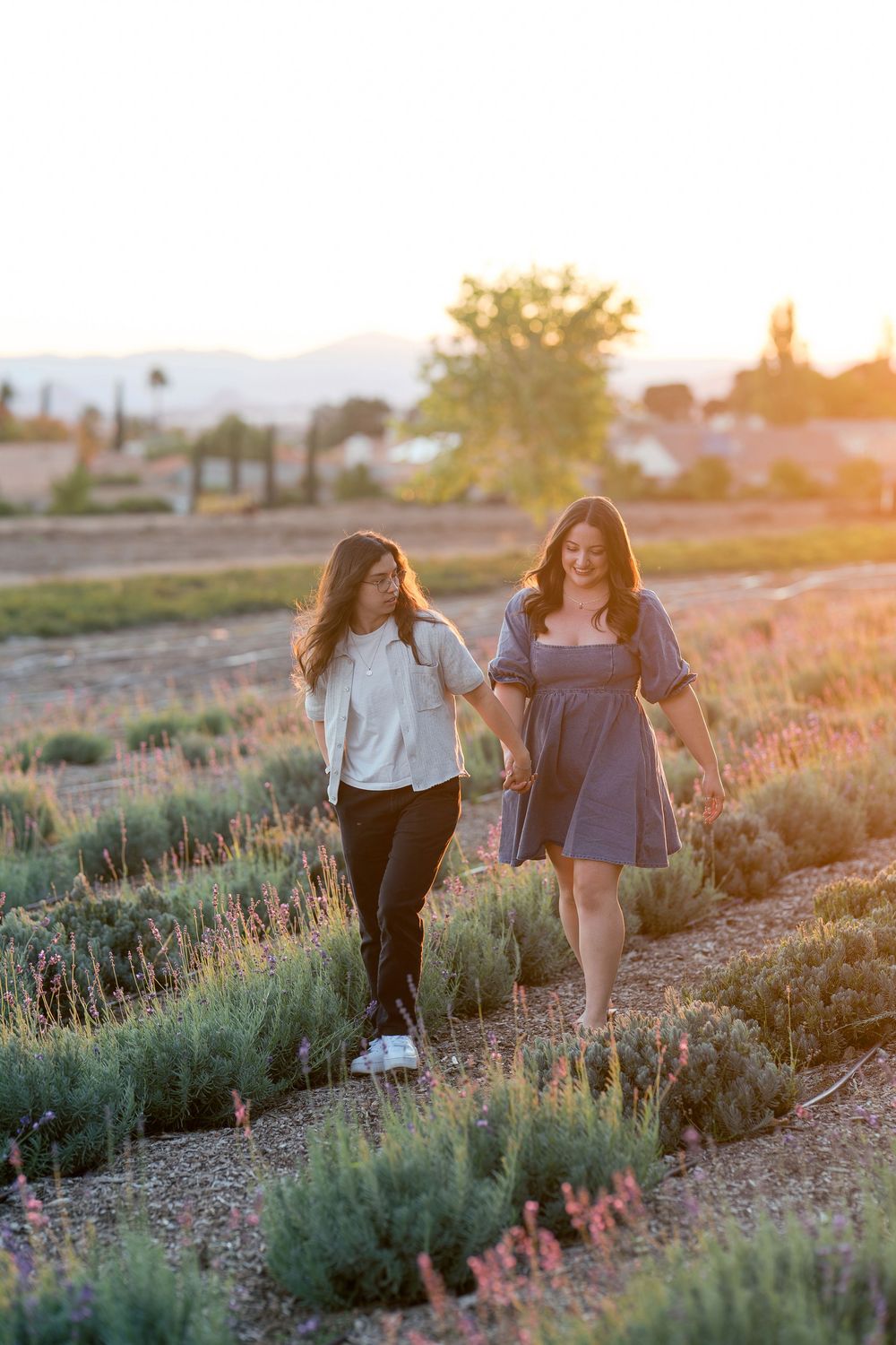 Friends walking together through a desert landscape at golden hour.