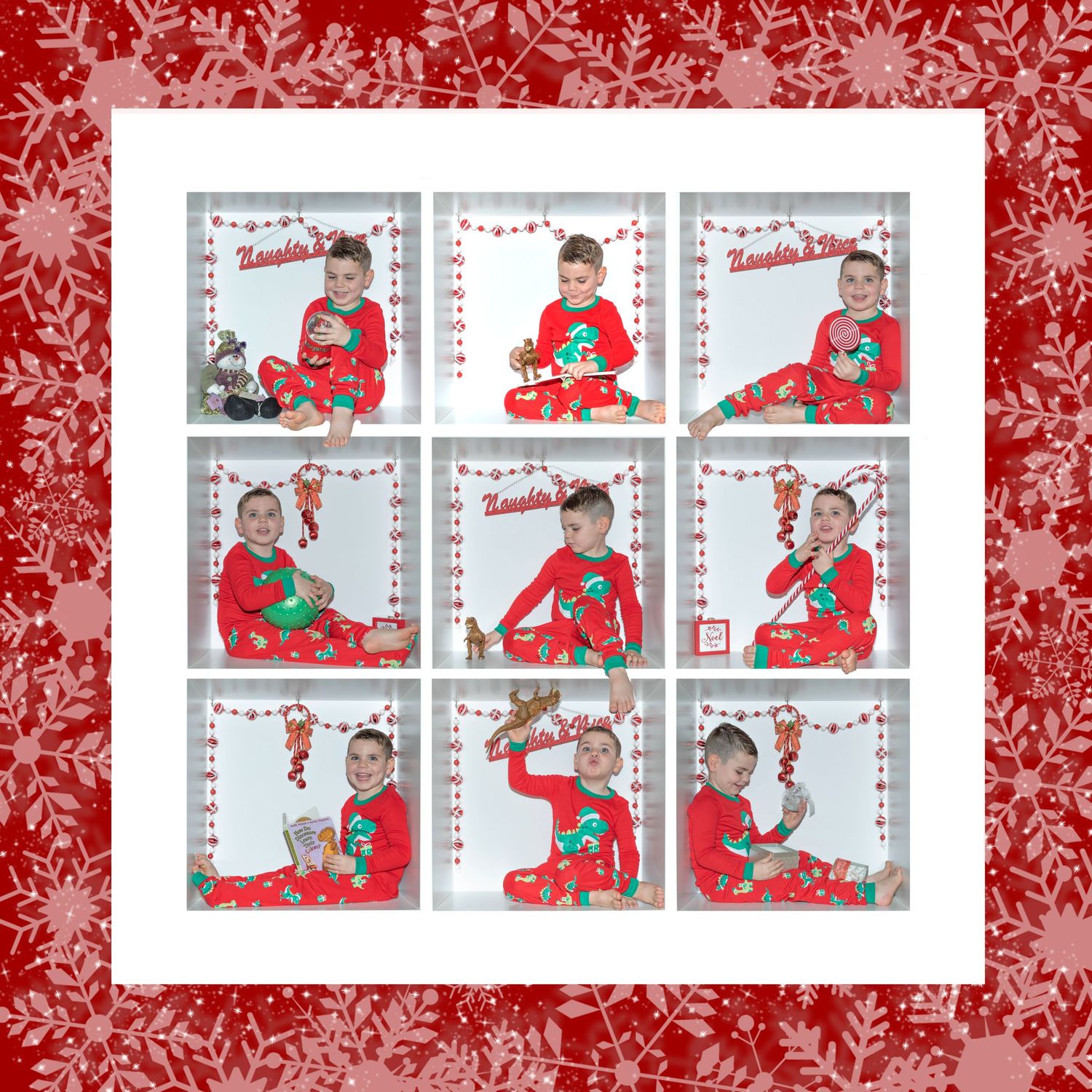 Holiday photo collage with red and white theme featuring decorative frames and festive elements.