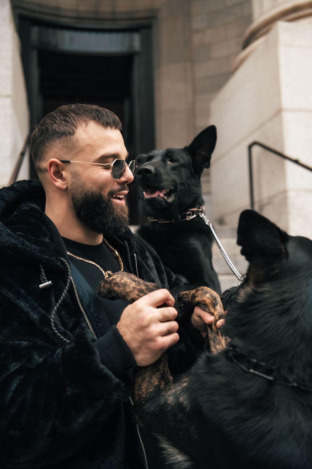 Candid moment with person in black jacket playing with black dogs on stone steps. Mtlshutter photography